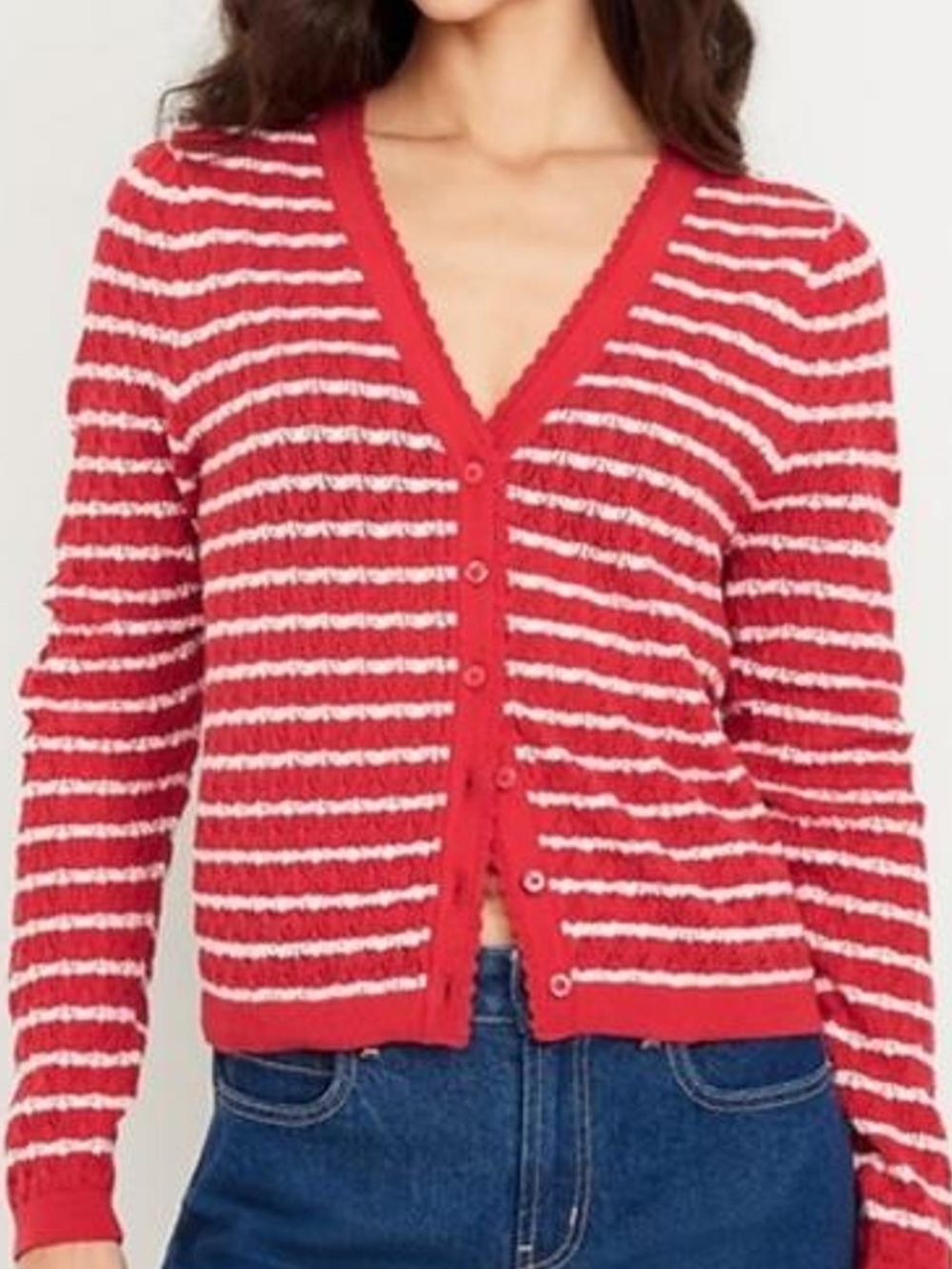 Old Navy Red and White Striped V‑Neck Button Cardigan